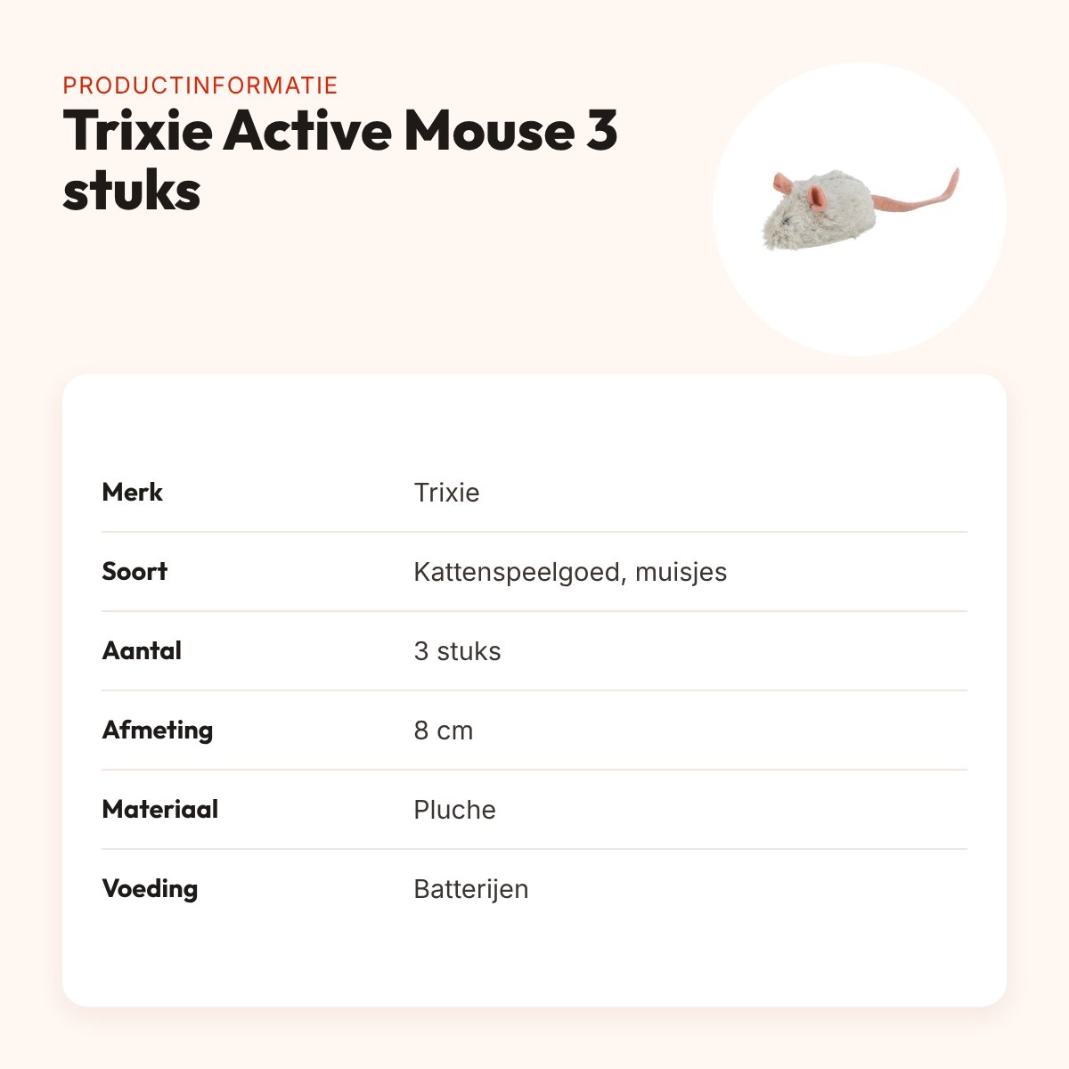 Trixie Active Mouse pluche muis 8 cm – 3 stuks, op batterijen – productinformatie