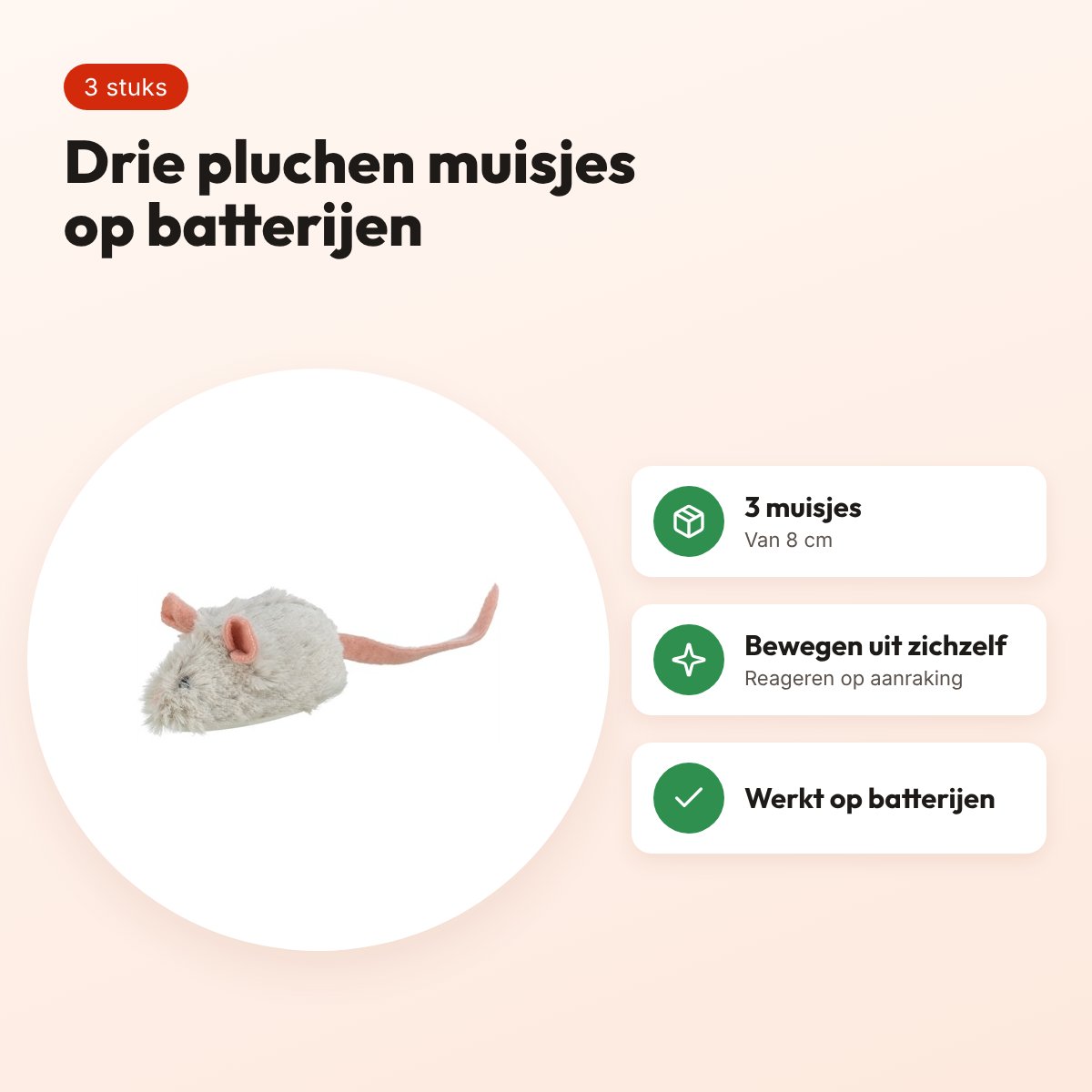 Trixie Active Mouse pluche muis 8 cm – 3 stuks, op batterijen – voordelen
