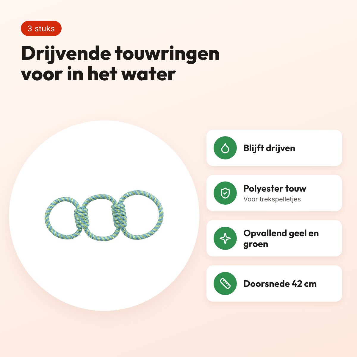 Trixie Aquatoy trekspeeltje touwringen geel/groen 42 cm – 3 stuks, drijvend – voordelen