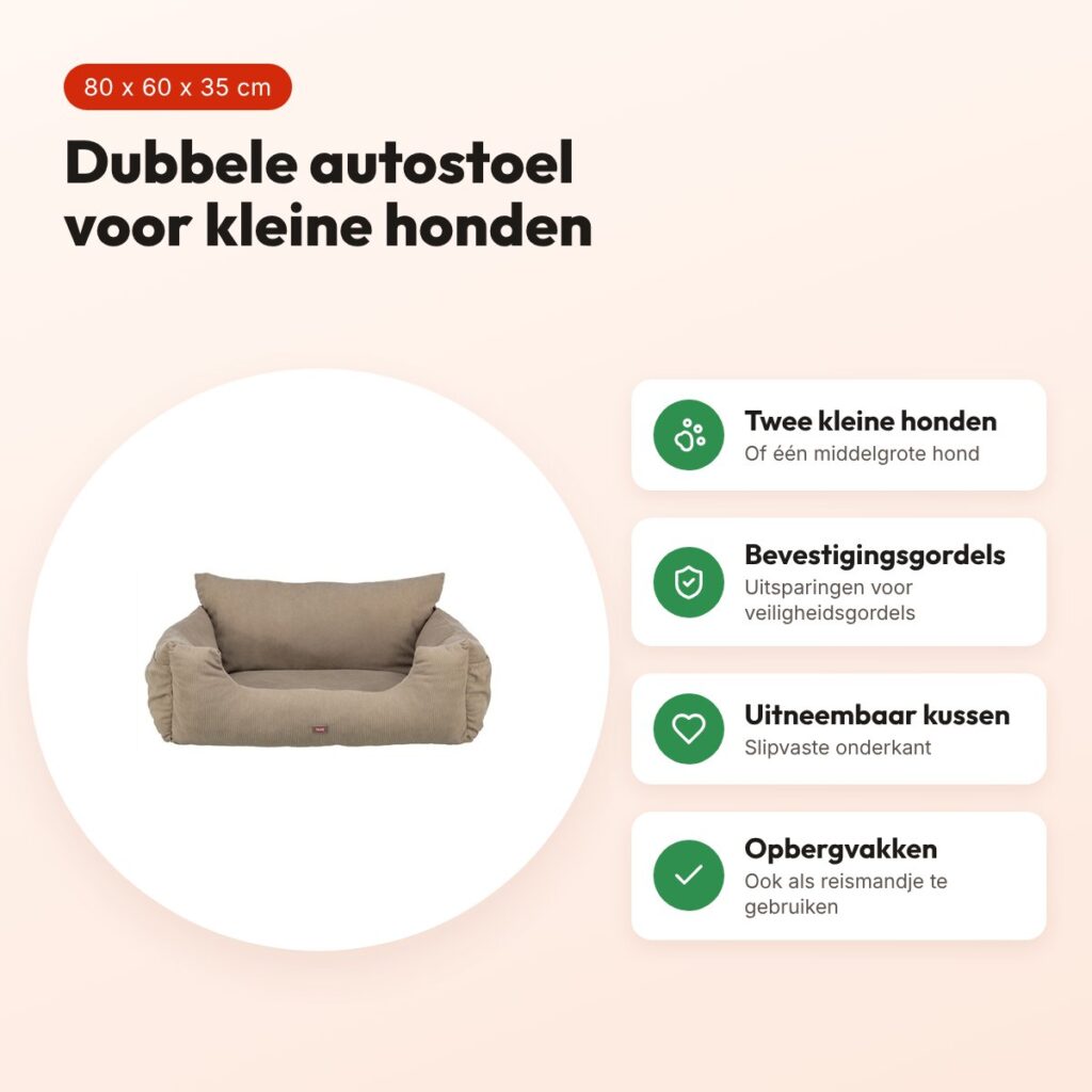 Trixie autostoel dubbel taupe 80 x 60 x 35 cm – voor 2 kleine honden – voordelen