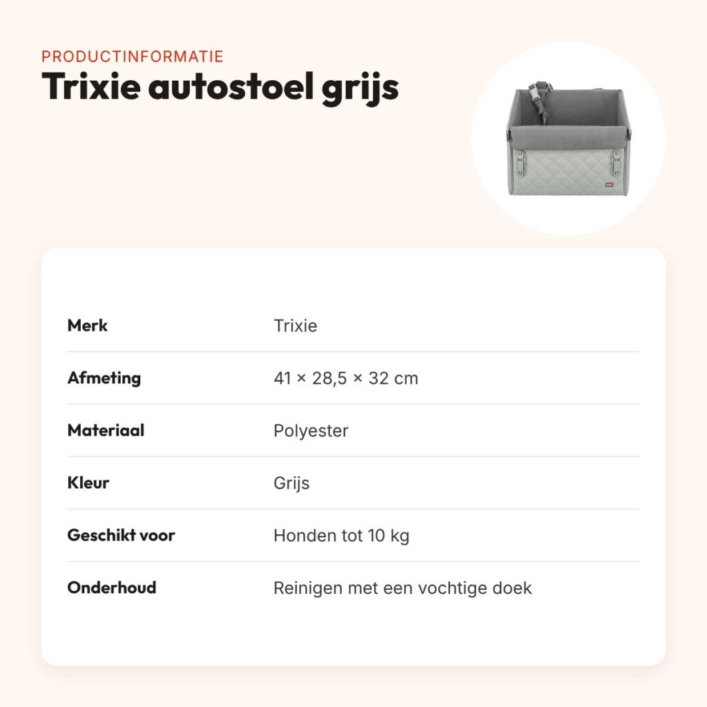 Trixie autostoel hond grijs 41 x 28,5 x 32 cm – honden tot 10 kg – productinformatie