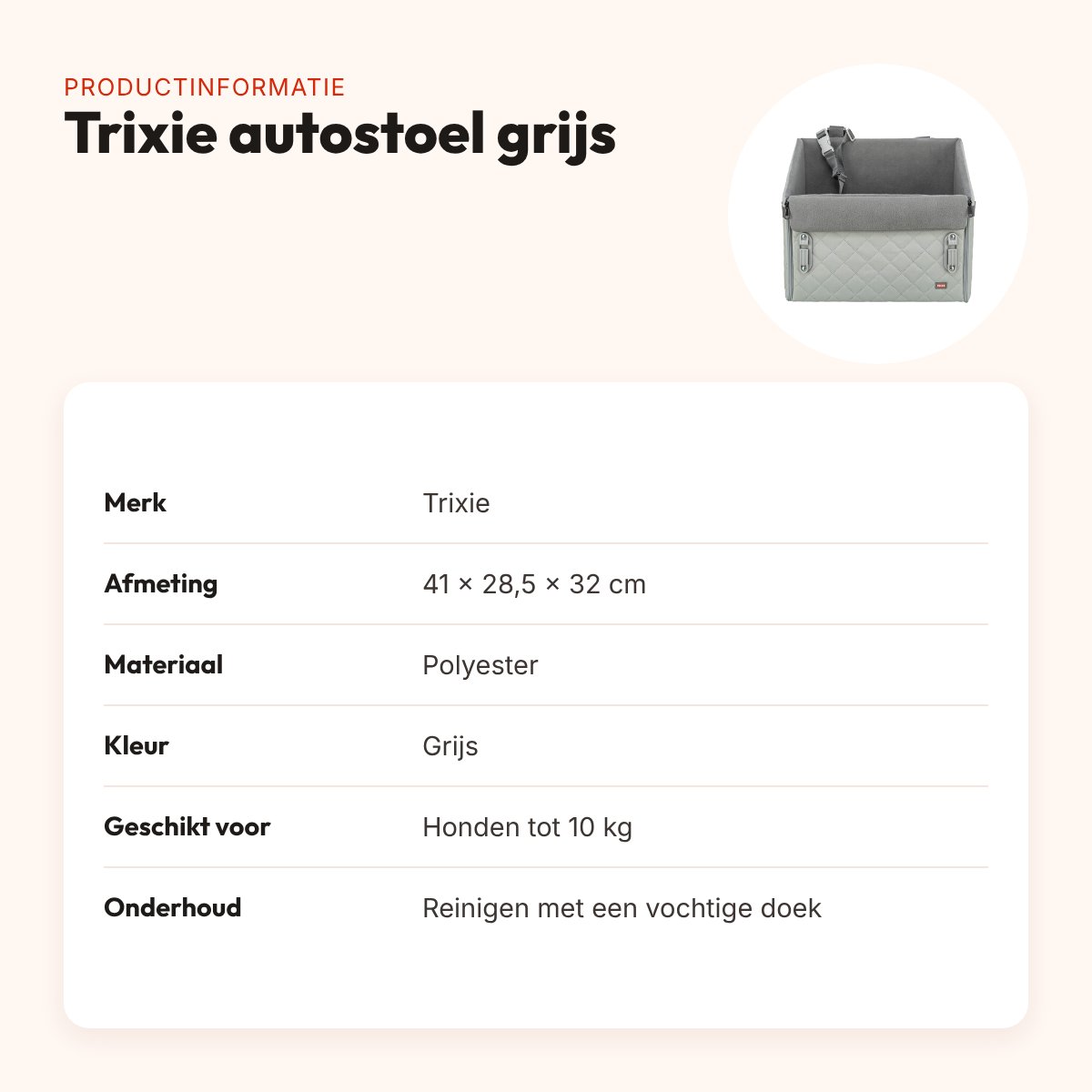Trixie autostoel hond grijs 41 x 28,5 x 32 cm – honden tot 10 kg – productinformatie