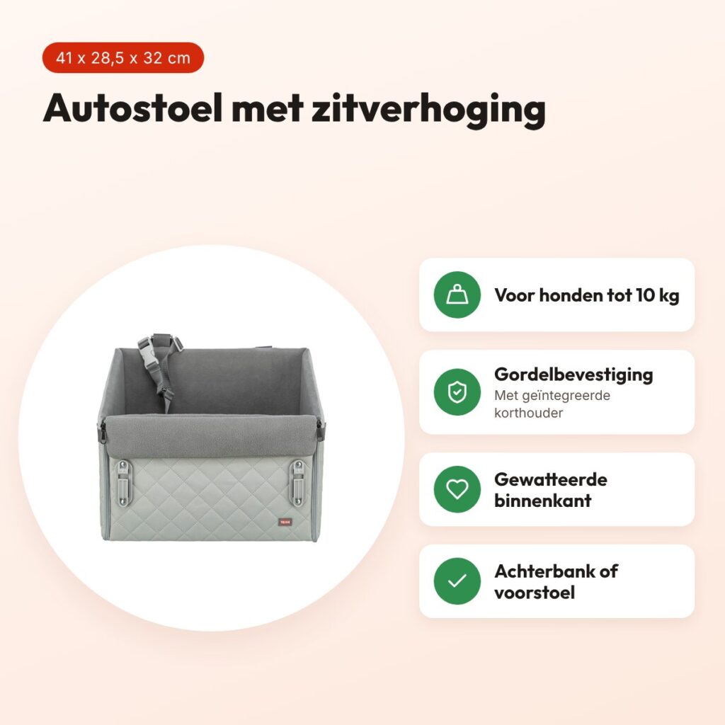 Trixie autostoel hond grijs 41 x 28,5 x 32 cm – honden tot 10 kg – voordelen