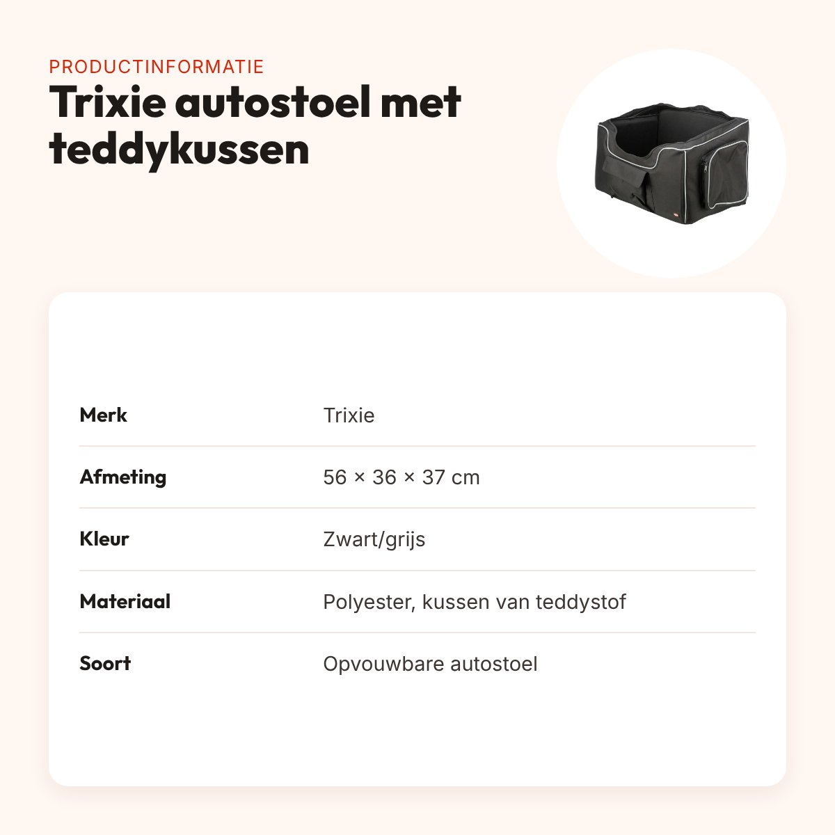 Trixie autostoel hond zwart/grijs 56 x 36 x 37 cm – met teddykussen – productinformatie