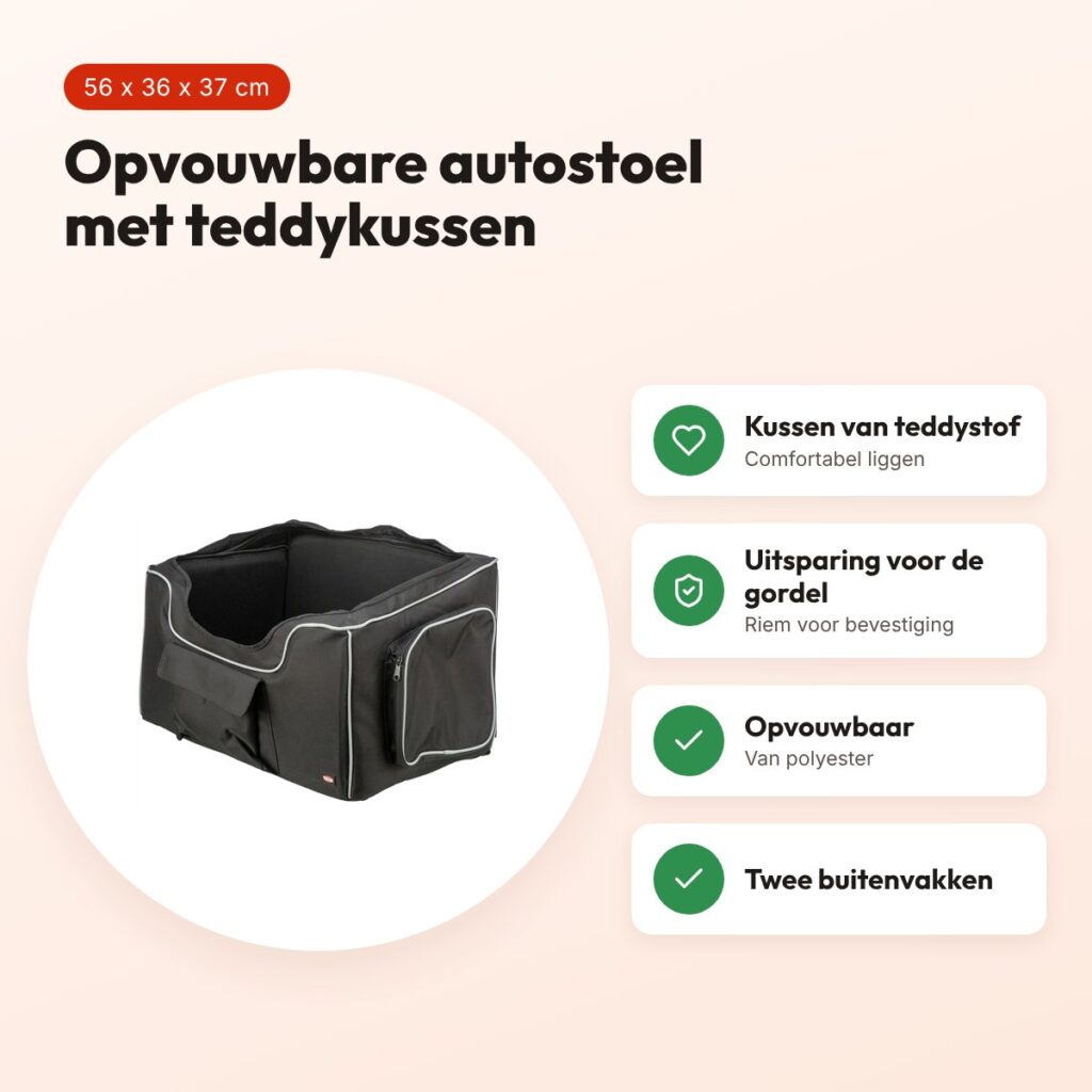 Trixie autostoel hond zwart/grijs 56 x 36 x 37 cm – met teddykussen – voordelen