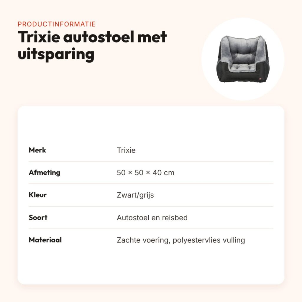 Trixie autostoel zwart/grijs 50 x 50 x 40 cm – met gordeluitsparing – productinformatie