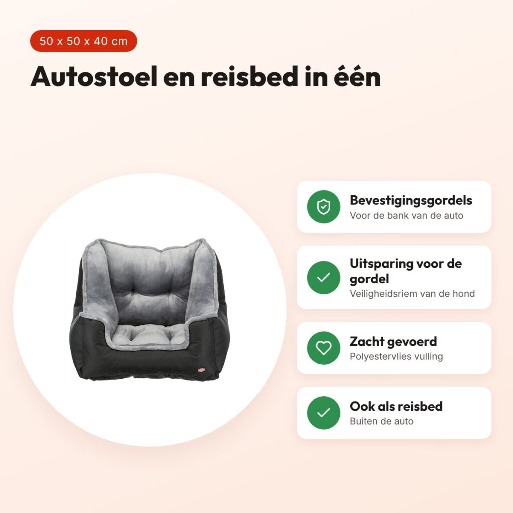 Trixie autostoel zwart/grijs 50 x 50 x 40 cm – met gordeluitsparing – voordelen