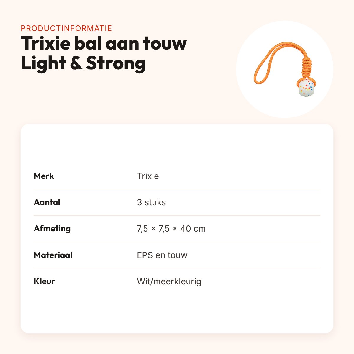 Trixie bal aan touw Light & Strong wit/meerkleurig 40 cm – 3 stuks – productinformatie