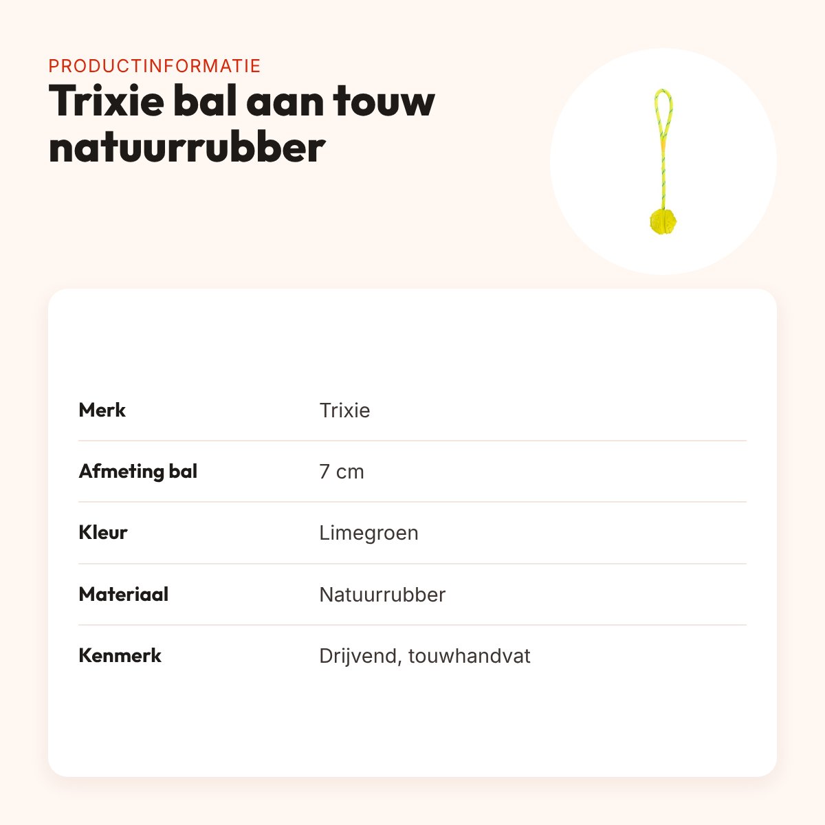 Trixie bal aan touw natuurrubber limegroen 7 cm – drijvend – productinformatie