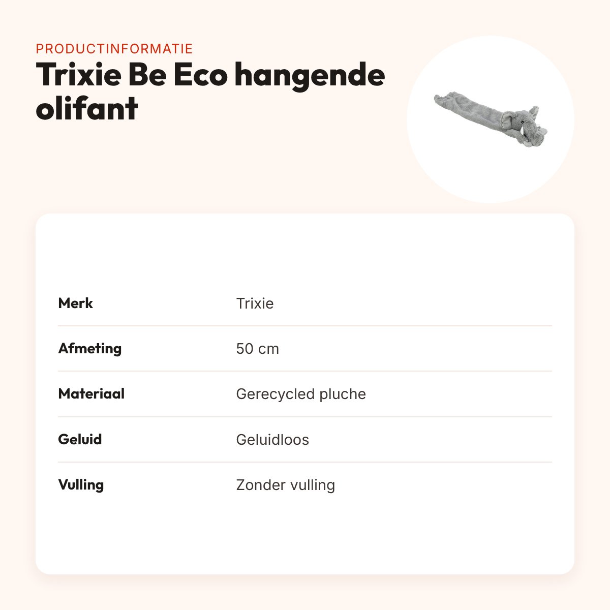 Trixie Be Eco hangende olifant 50 cm – gerecycled pluche, geluidloos – productinformatie