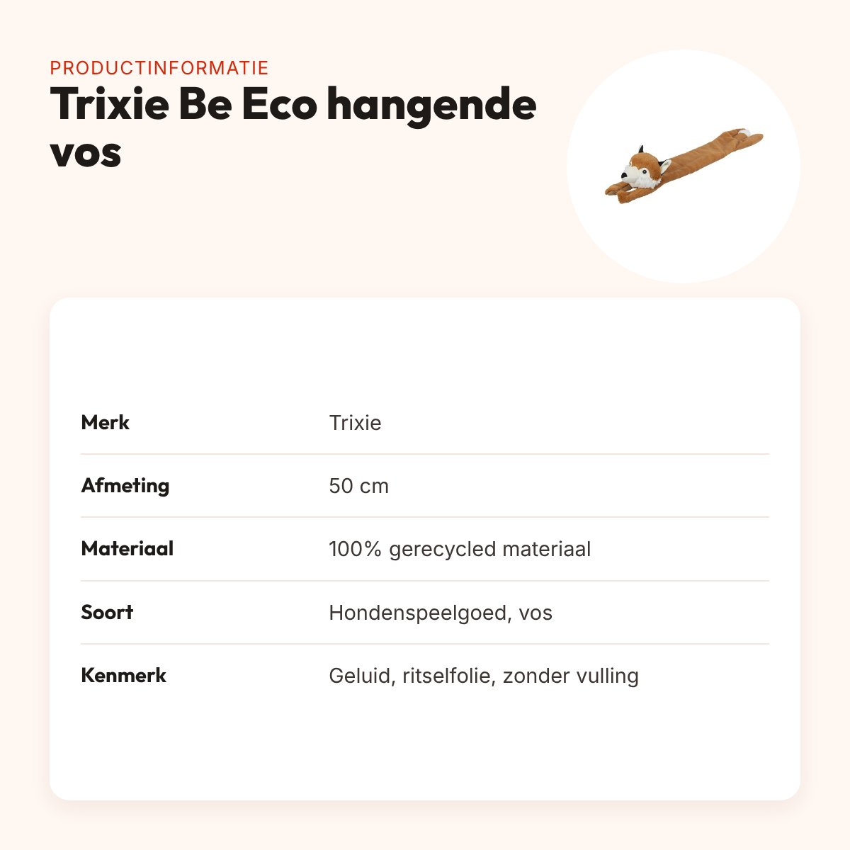 Trixie Be Eco hangende vos 50 cm – hondenspeelgoed met geluid en folie – productinformatie