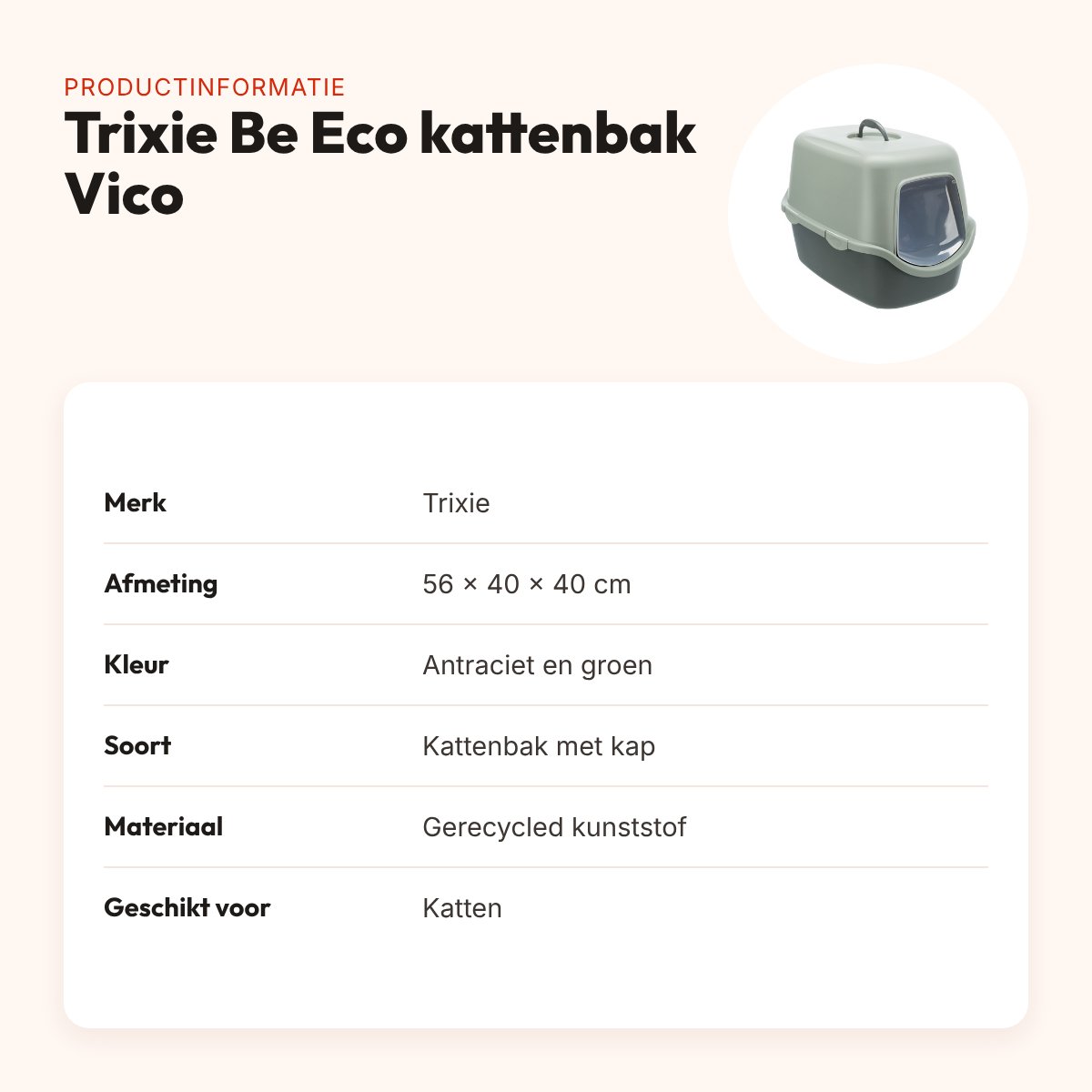 Trixie Be Eco kattenbak Vico antraciet/groen 56 x 40 x 40 cm – gerecycled – productinformatie
