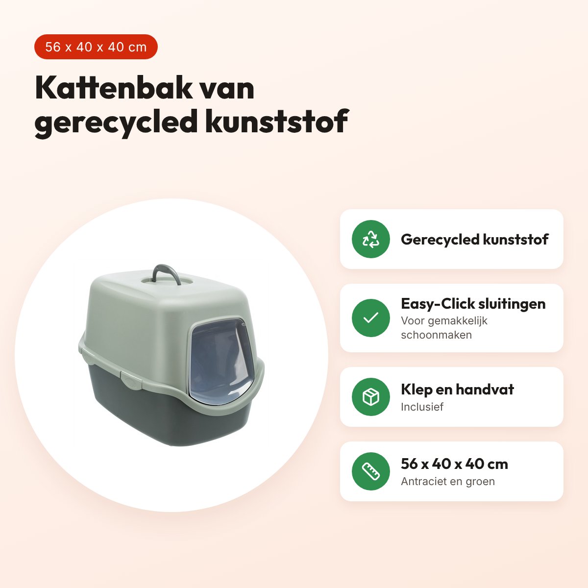 Trixie Be Eco kattenbak Vico antraciet/groen 56 x 40 x 40 cm – gerecycled – voordelen