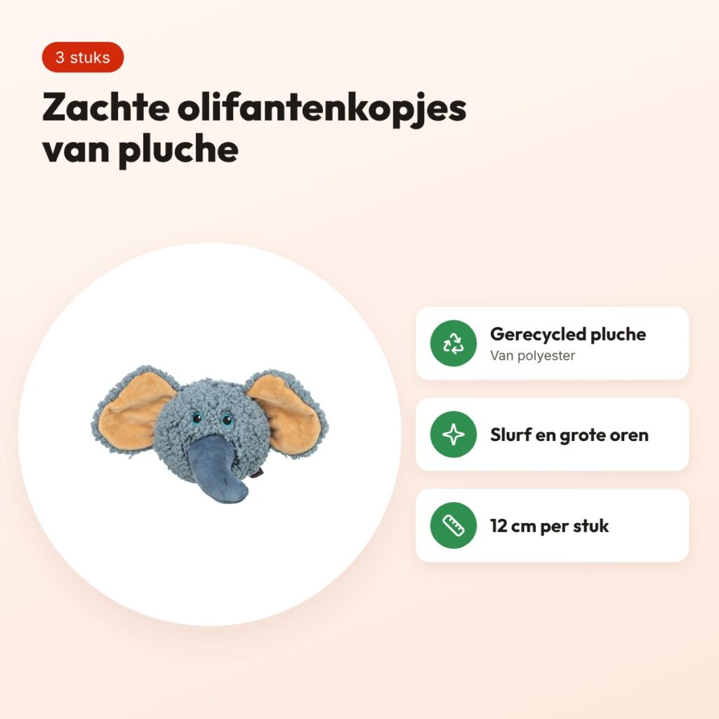 Trixie Be Eco olifantenkop gerecycled pluche 12 cm – 3 stuks – voordelen