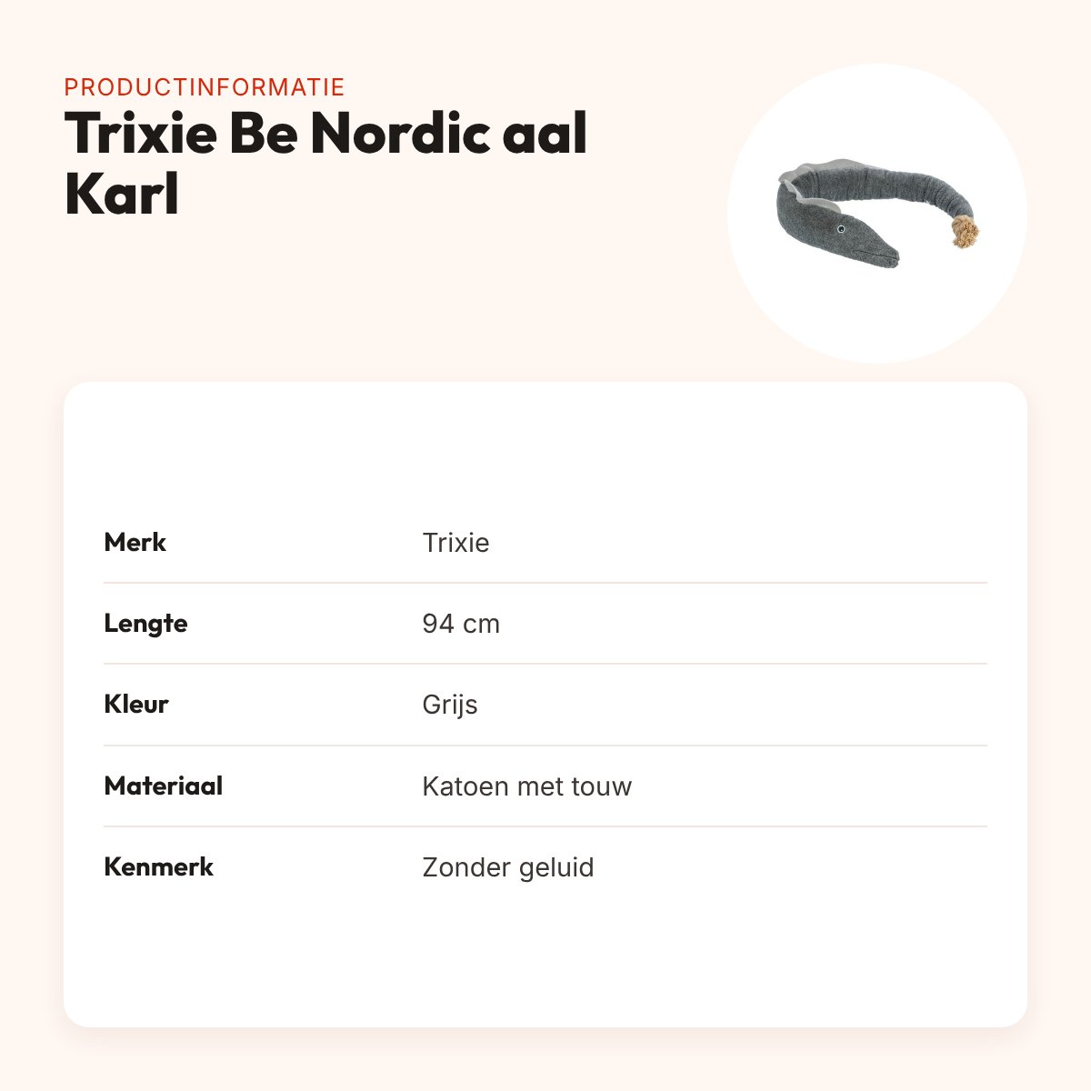Trixie Be Nordic hondenknuffel aal Karl grijs 94 cm – katoen met touw – productinformatie