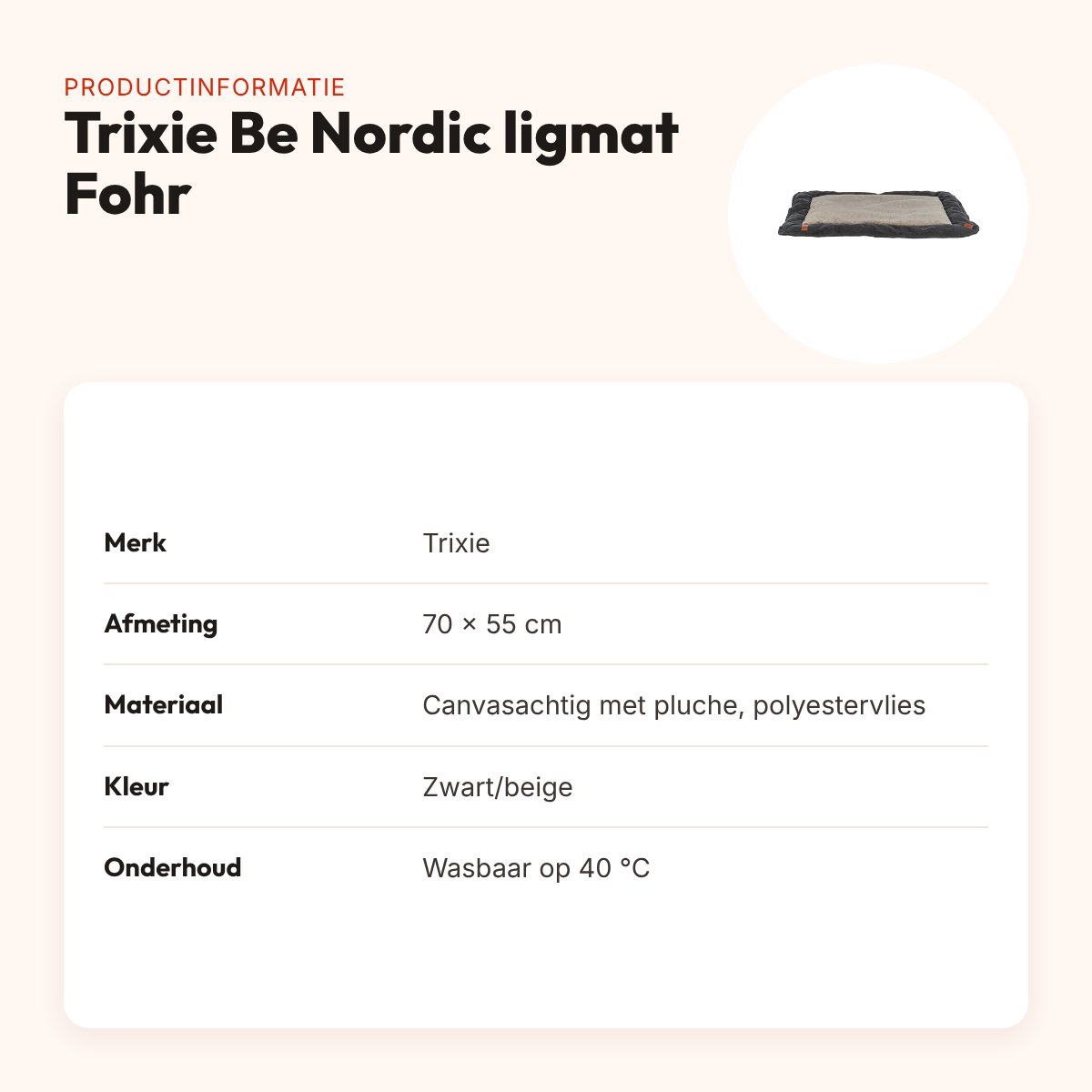 Trixie Be Nordic hondenligmat Fohr zwart/beige 70 x 55 cm – wasbaar – productinformatie