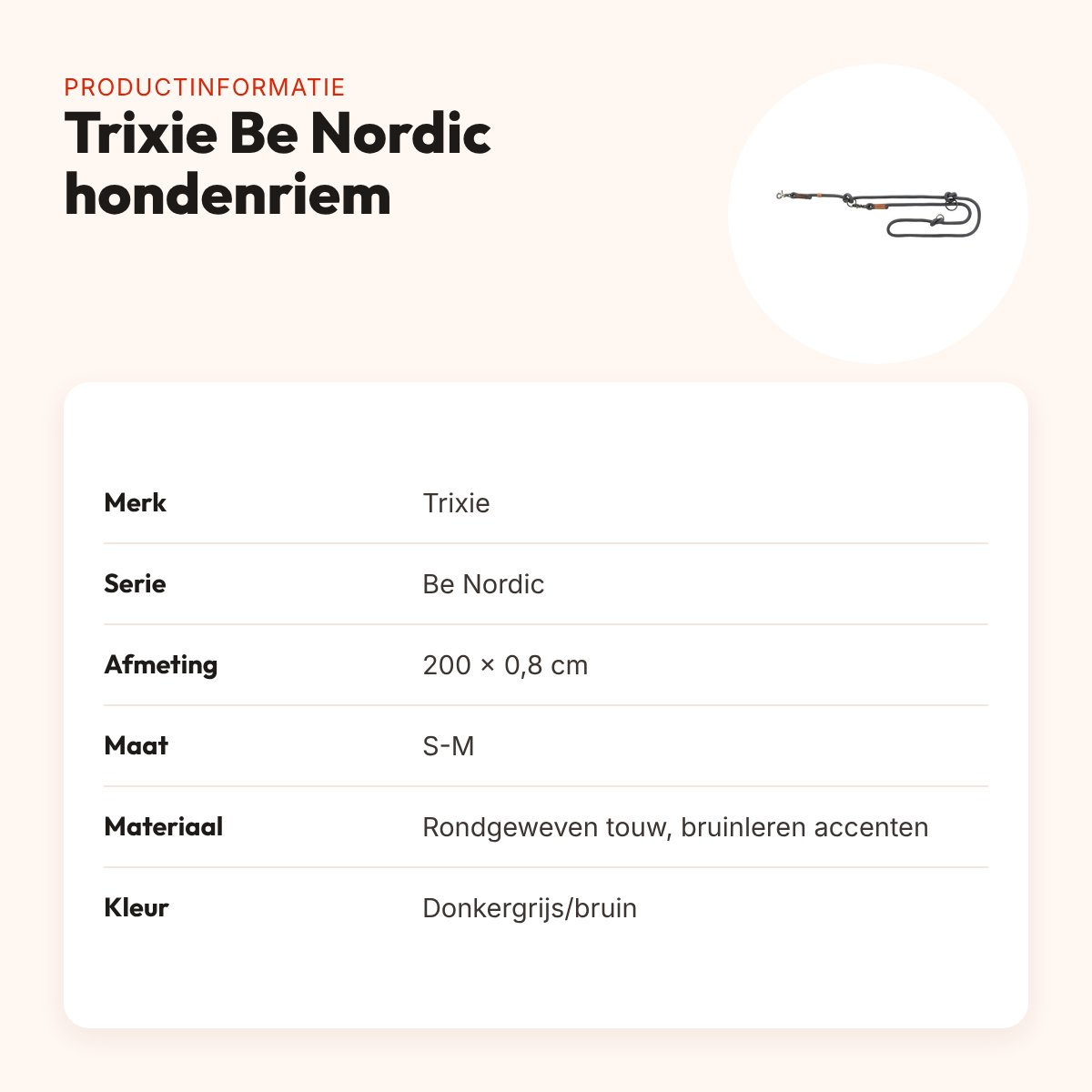 Trixie Be Nordic hondenriem verstelbaar donkergrijs/bruin 200 x 0,8 cm – productinformatie