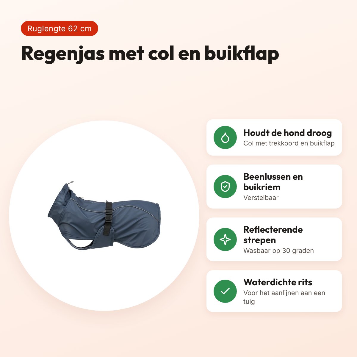Trixie Be Nordic regenjas Husum blauw 62 cm – met col en buikflap – voordelen