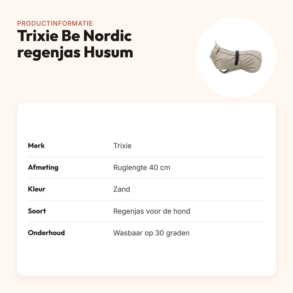 Trixie Be Nordic regenjas Husum zand 40 cm – met col en buikflap – productinformatie