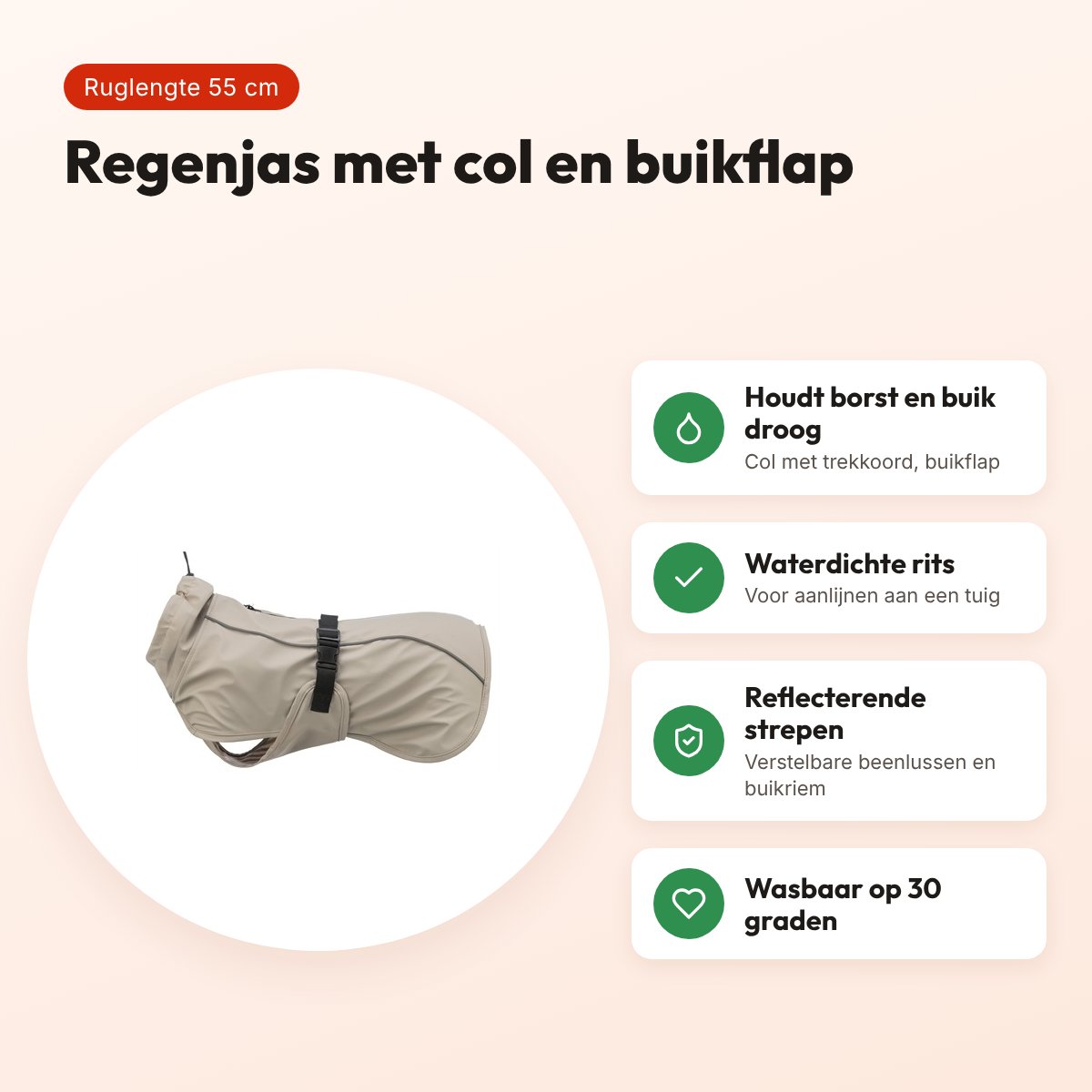Trixie Be Nordic regenjas Husum zand 55 cm – met col en buikflap – voordelen