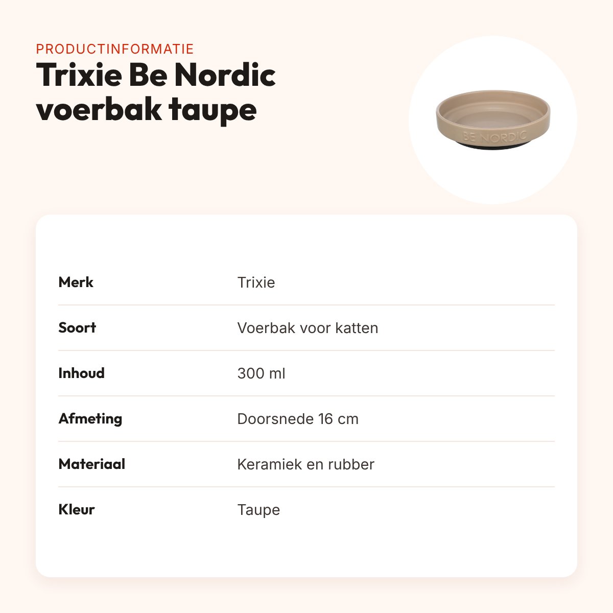 Trixie Be Nordic voerbak kat keramiek/rubber taupe 300 ml 16 cm – productinformatie