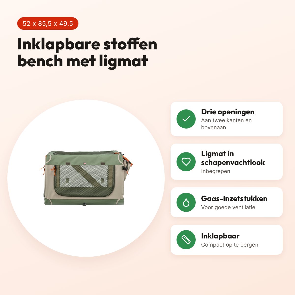 Trixie bench Comfy stof olijfgroen/beige 52 x 85,5 x 49,5 cm – reismand – voordelen