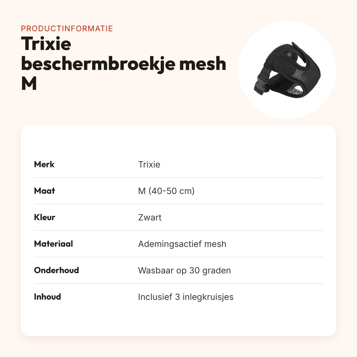 Trixie beschermbroekje Comfort mesh zwart M 40-50 cm – verstelbaar – productinformatie
