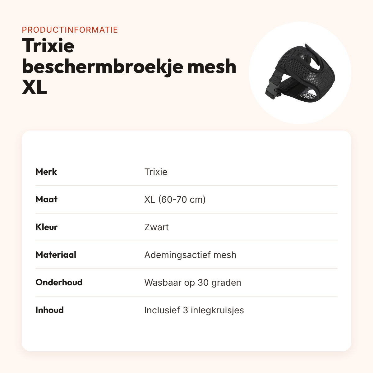 Trixie beschermbroekje Comfort mesh zwart XL 60-70 cm – verstelbaar – productinformatie