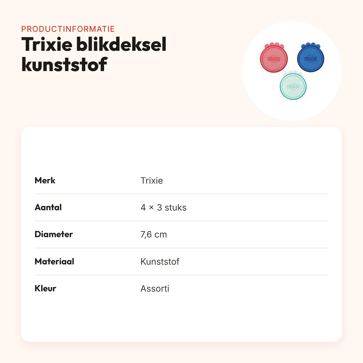 Trixie blikdeksel kunststof 7,6 cm assorti – 4 x 3 stuks – productinformatie