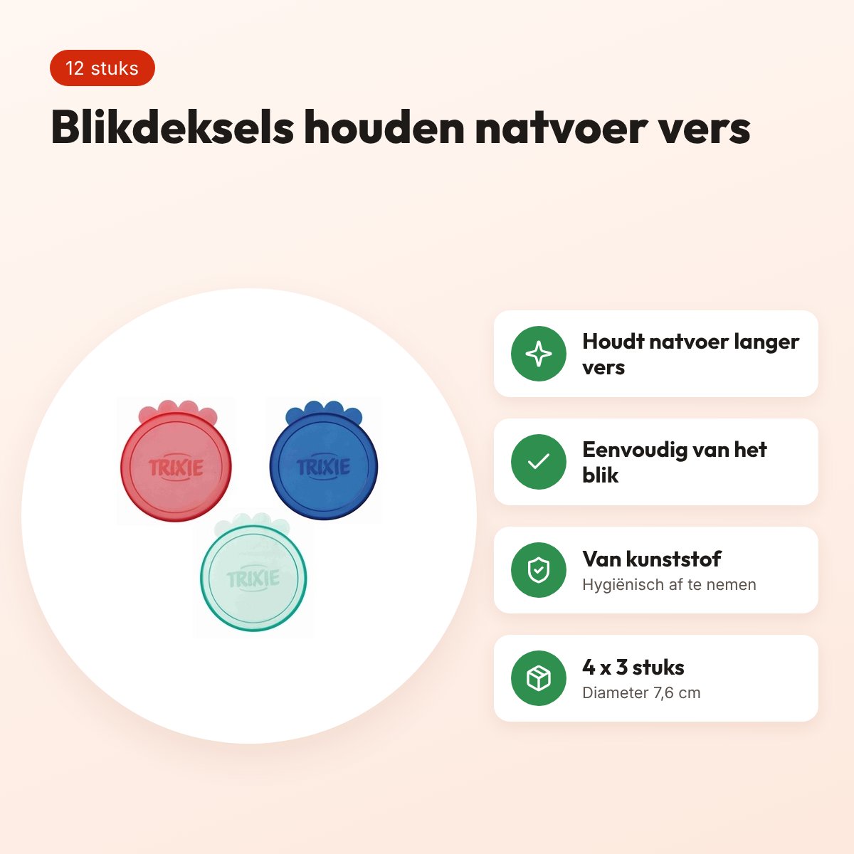 Trixie blikdeksel kunststof 7,6 cm assorti – 4 x 3 stuks – voordelen