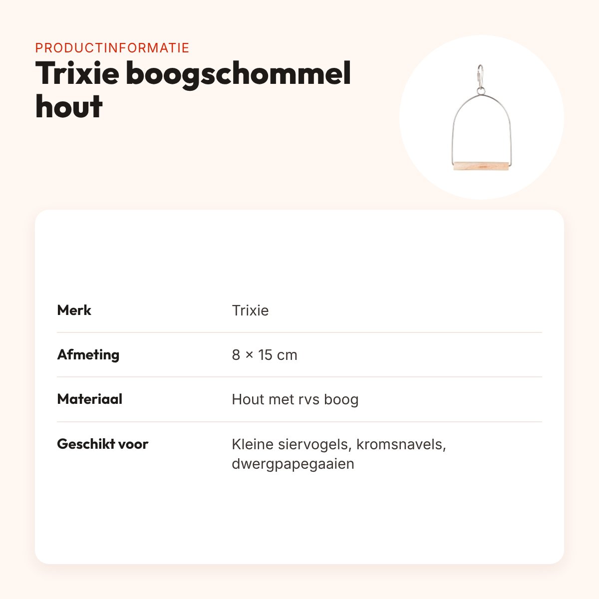 Trixie boogschommel hout 8 x 15 cm – voor kleine siervogels en kromsnavels – productinformatie