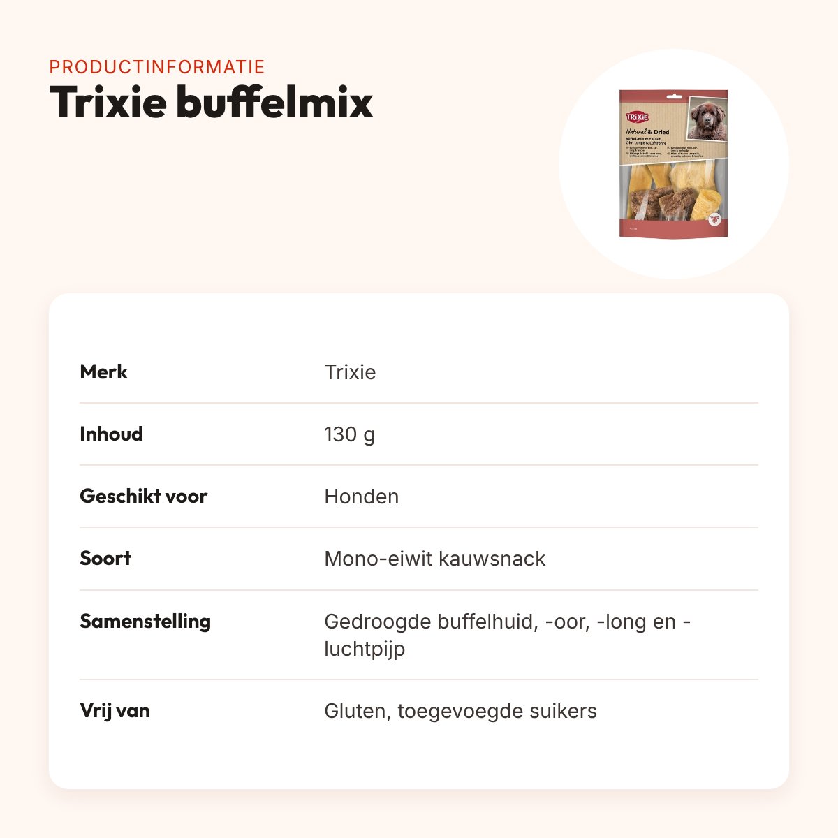 Trixie buffelmix 130 g – mono-eiwit kauwsnack voor honden – productinformatie