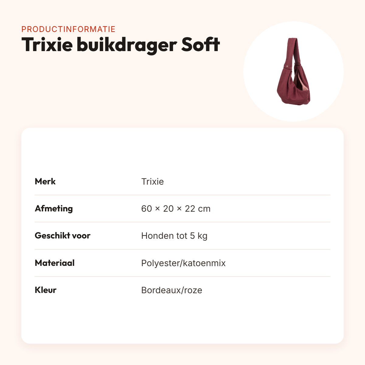 Trixie buikdrager Soft bordeaux/roze 60 x 20 x 22 cm – tot 5 kg – productinformatie