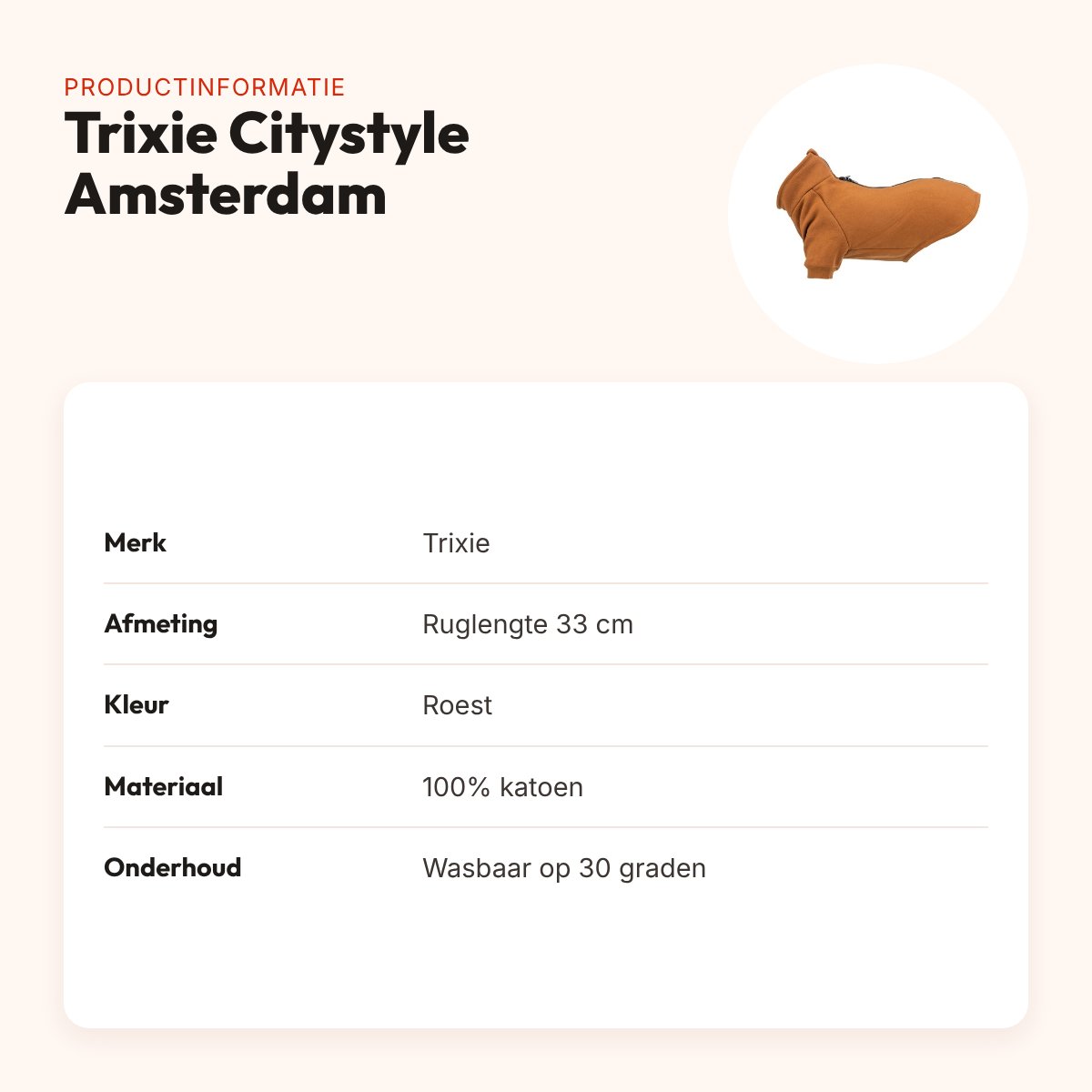 Trixie Citystyle hondentrui sweatshirt Amsterdam roest 33 cm – 100% katoen – productinformatie
