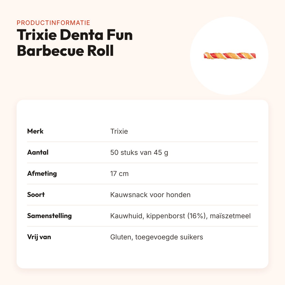 Trixie Denta Fun Barbecue Roll kippenborst 17 cm 45 g – 50 stuks – productinformatie