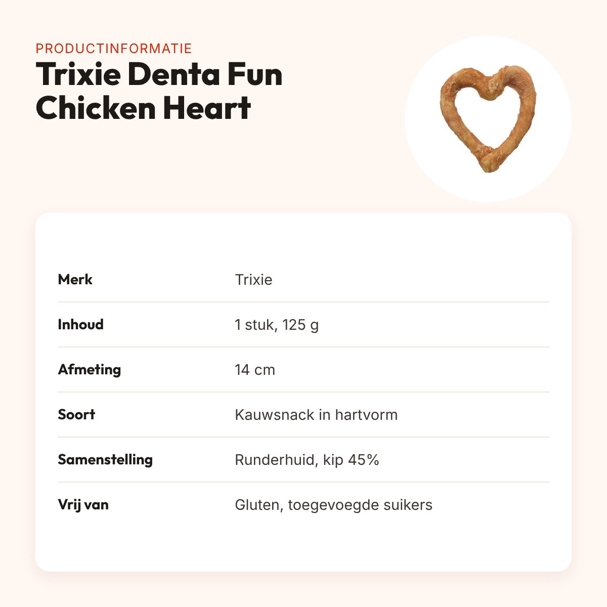 Trixie Denta Fun Chicken Heart 14 cm – runderhuid met kip, 125 g – productinformatie