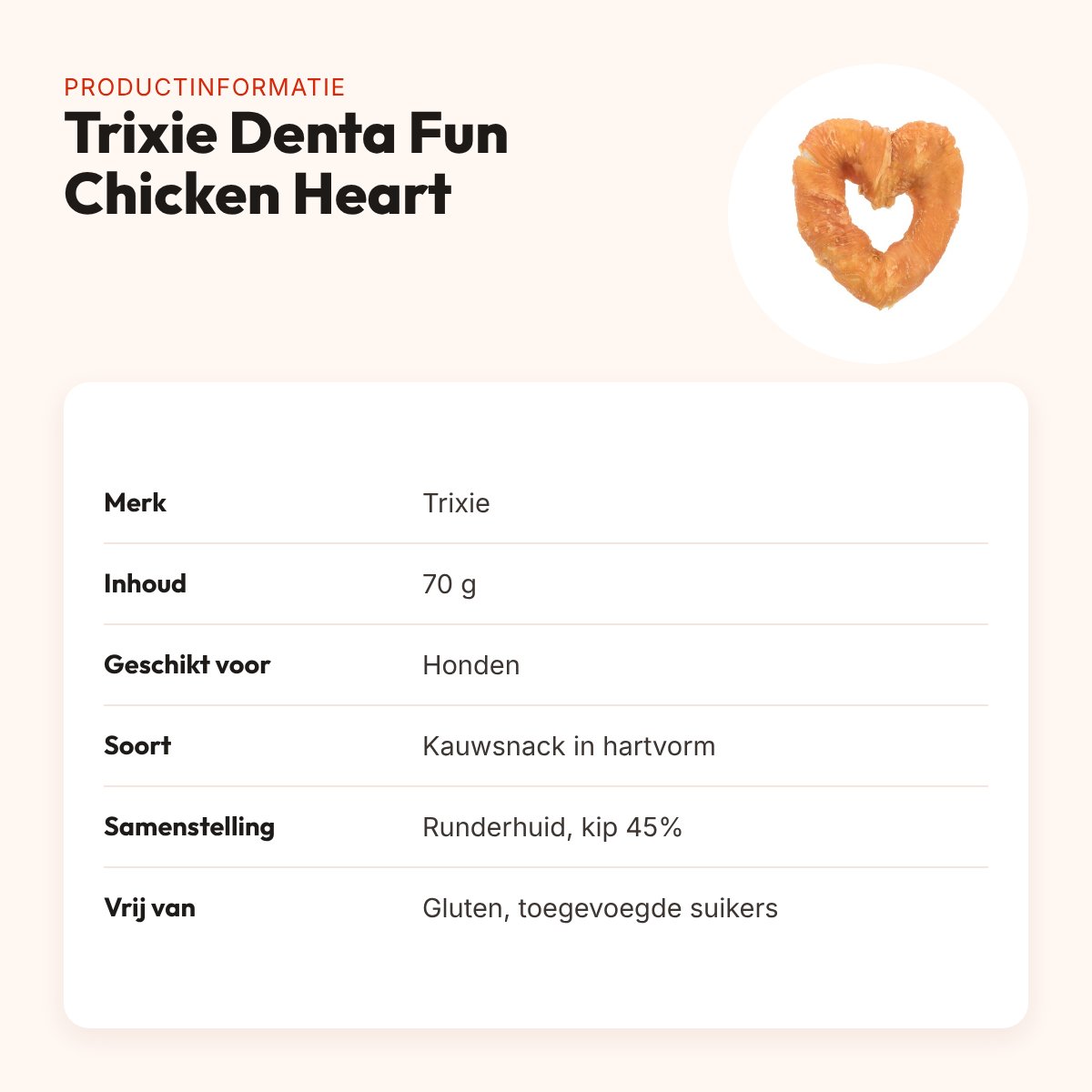 Trixie Denta Fun Chicken Heart 70 g – kauwsnack van runderhuid en kip – productinformatie
