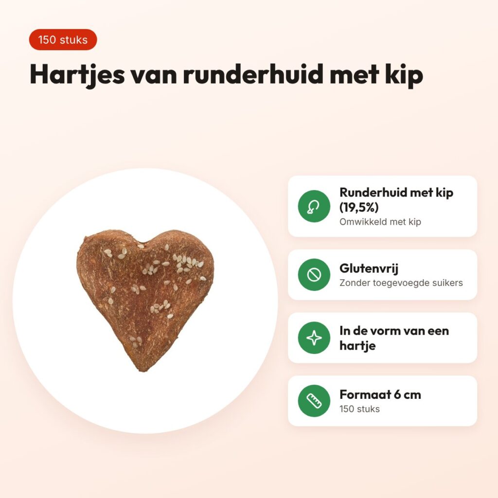 Trixie Denta Fun Chicken Love hartje 6 cm – runderhuid met kip, 150 stuks – voordelen
