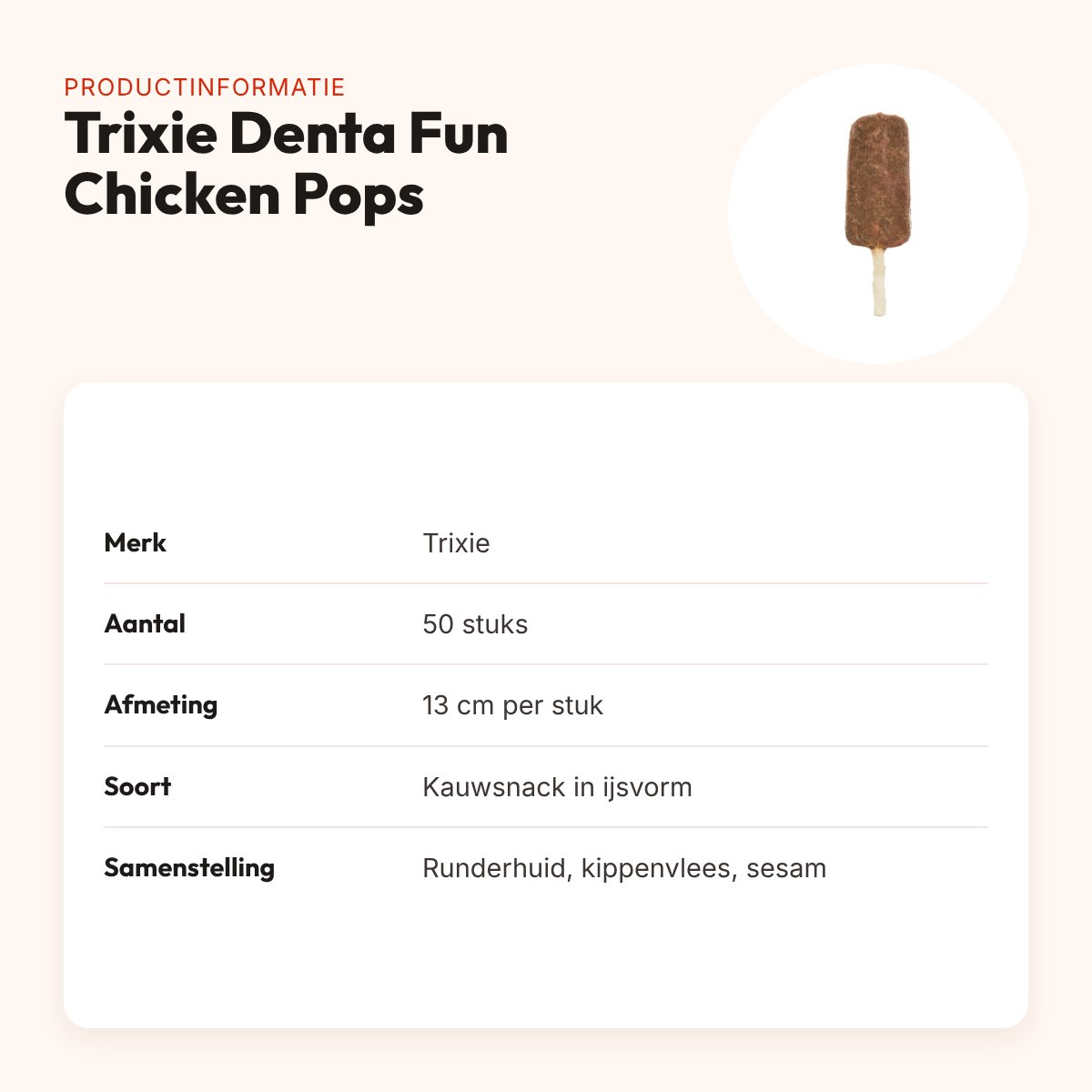 Trixie Denta Fun Chicken Pops 13 cm – ijsjes van runderhuid en kip, 50 st – productinformatie
