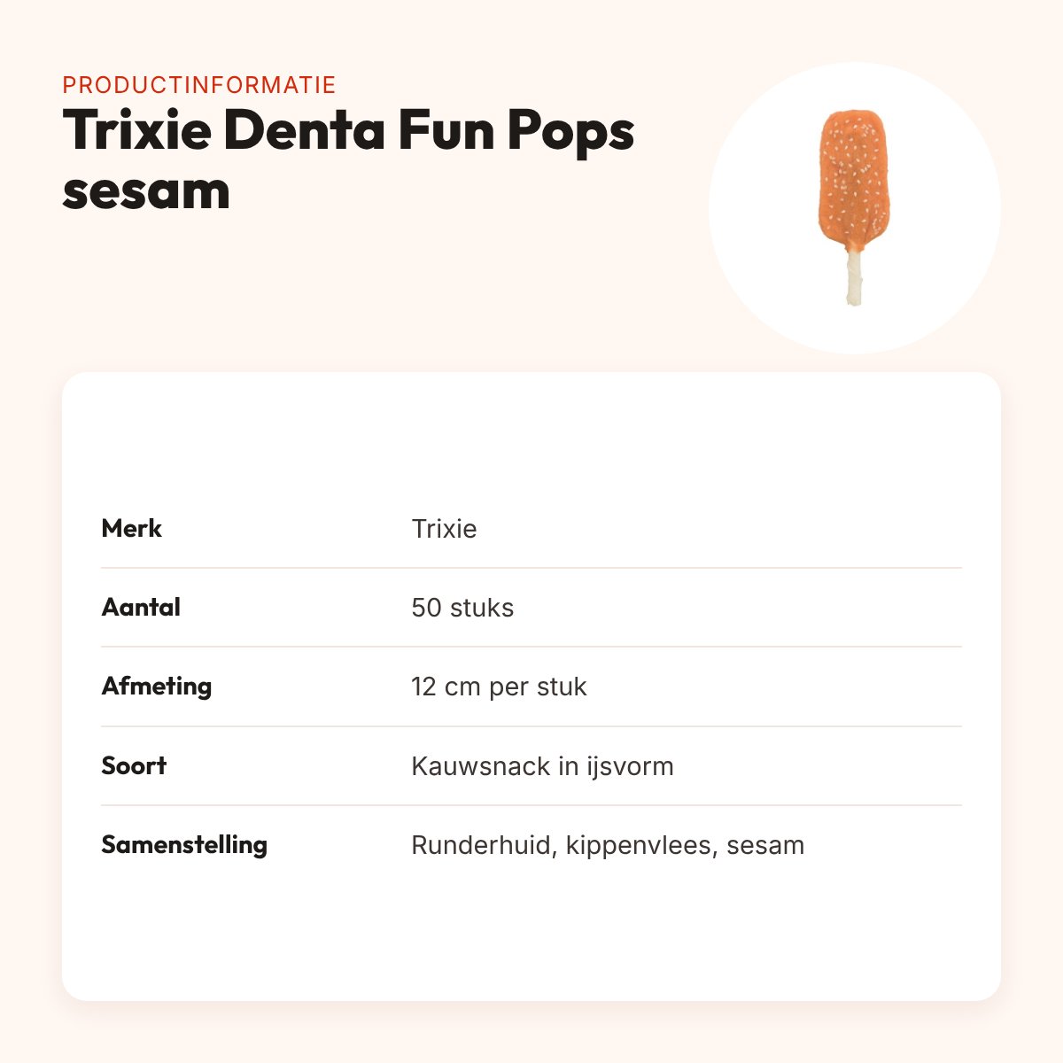 Trixie Denta Fun Chicken Pops sesam 12 cm – ijsjes van runderhuid, 50 stuks – productinformatie