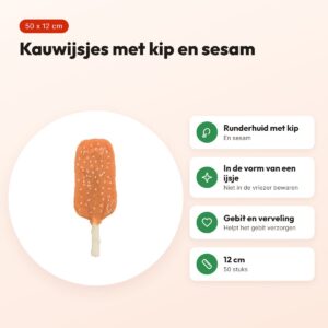 Trixie Denta Fun Chicken Pops sesam 12 cm – ijsjes van runderhuid, 50 stuks – voordelen