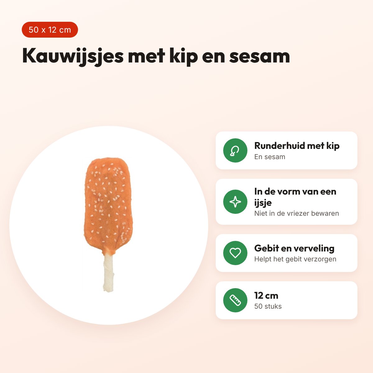 Trixie Denta Fun Chicken Pops sesam 12 cm – ijsjes van runderhuid, 50 stuks – voordelen