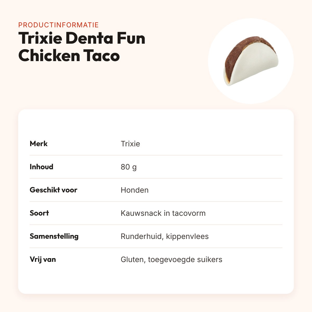 Trixie Denta Fun Chicken Taco 80 g – kauwsnack van runderhuid met kip – productinformatie