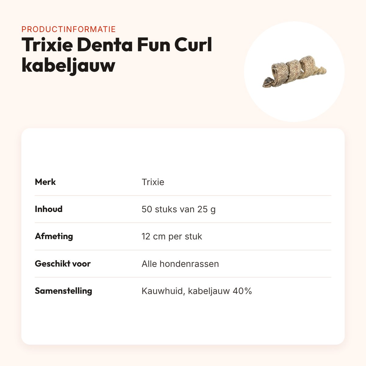 Trixie Denta Fun Curl wokkel met kabeljauw 12 cm – 25 g, 50 stuks – productinformatie