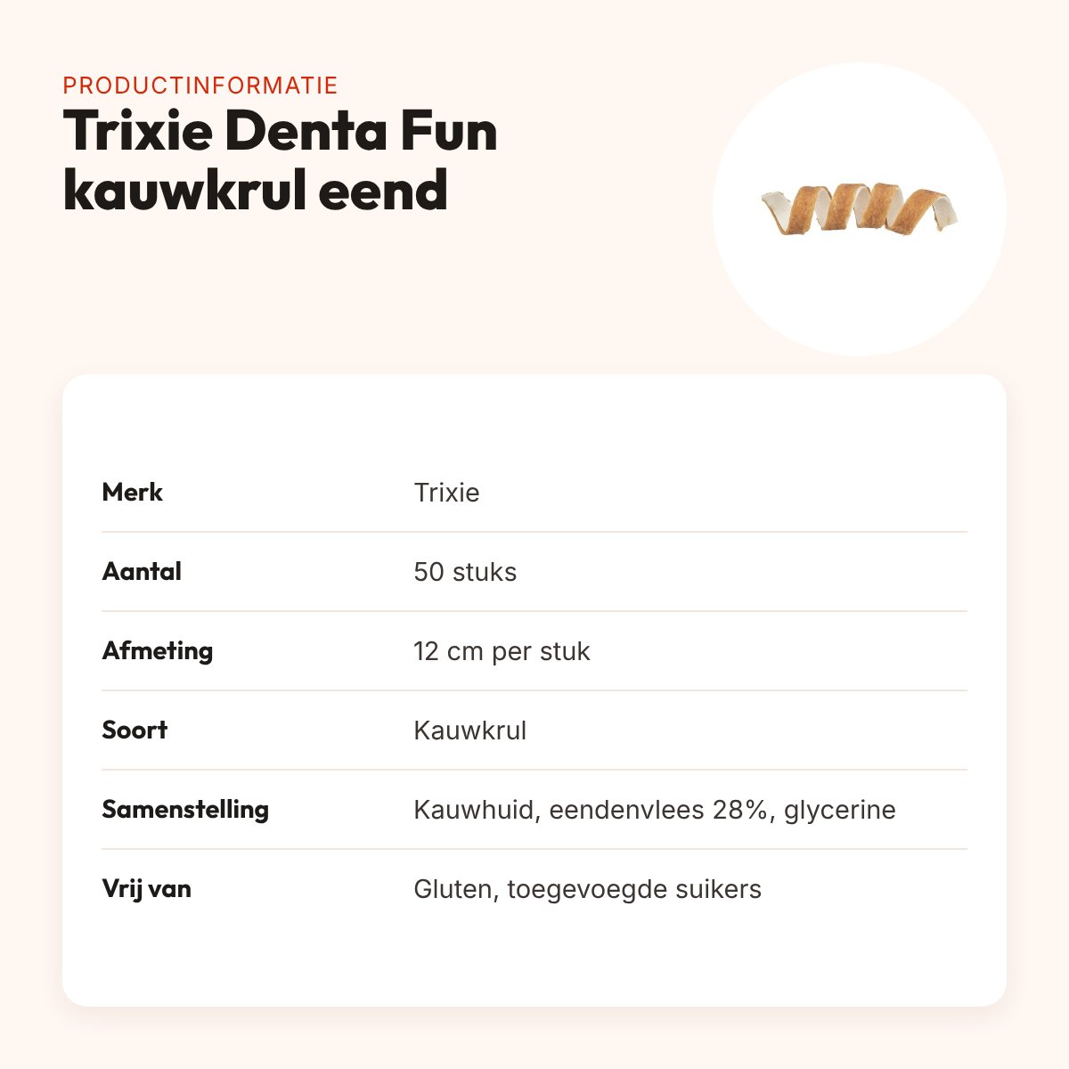 Trixie Denta Fun kauwkrul eend 12 cm – runderhuid met eend, 50 stuks – productinformatie