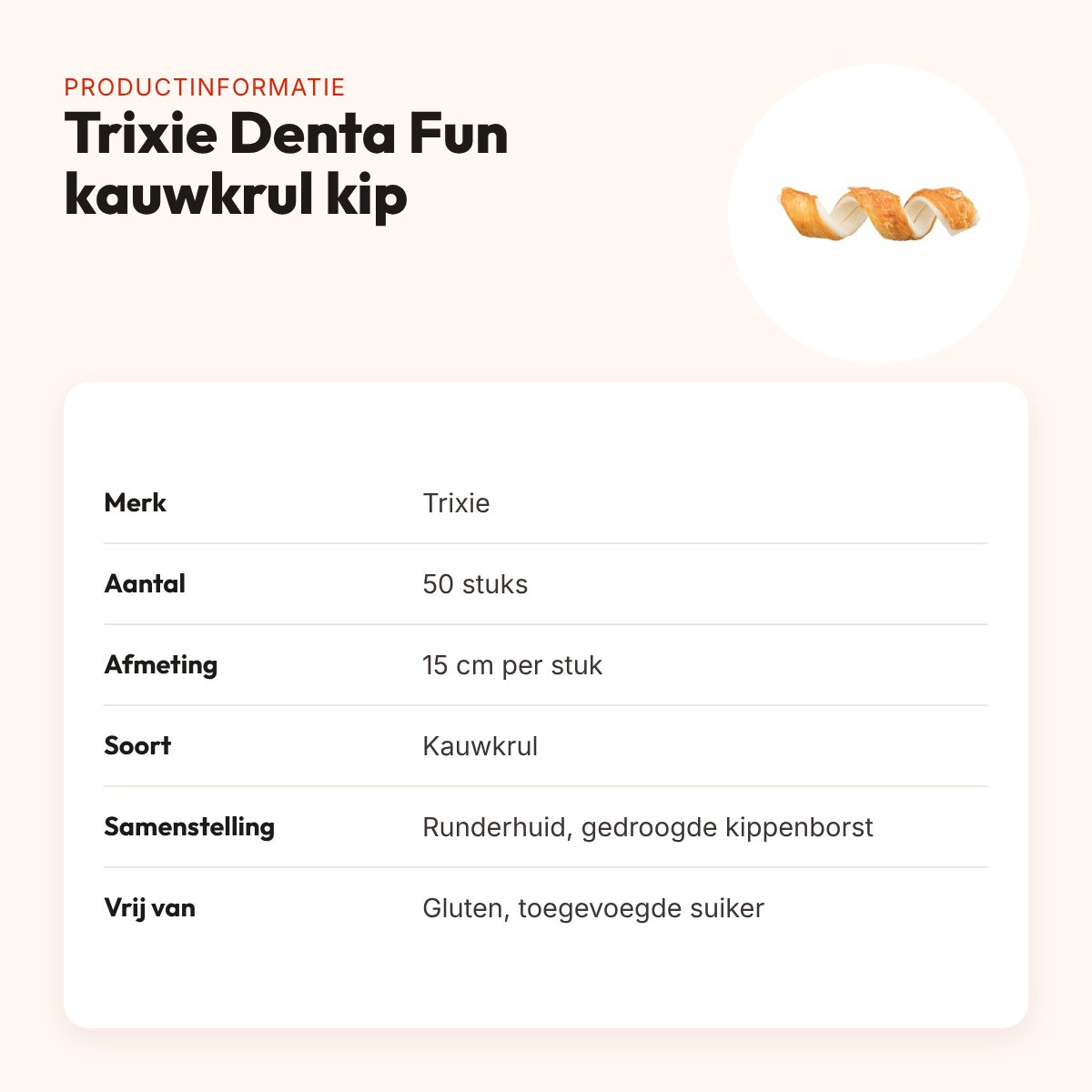 Trixie Denta Fun kauwkrul kip 15 cm – runderhuid, 50 stuks – productinformatie
