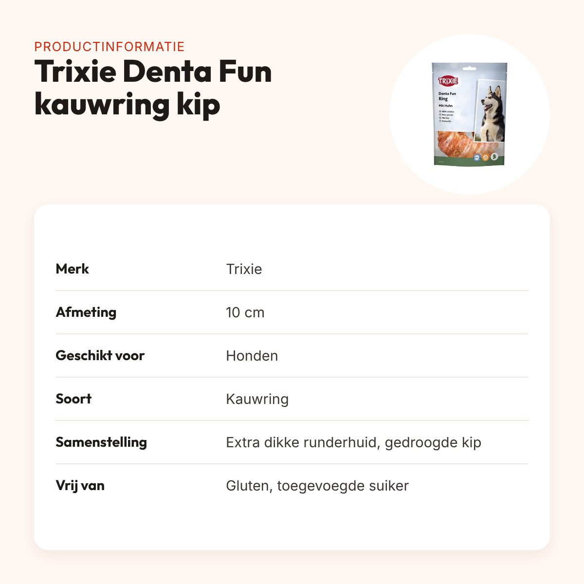 Trixie Denta Fun kauwring kip 10 cm – extra dikke runderhuid – productinformatie