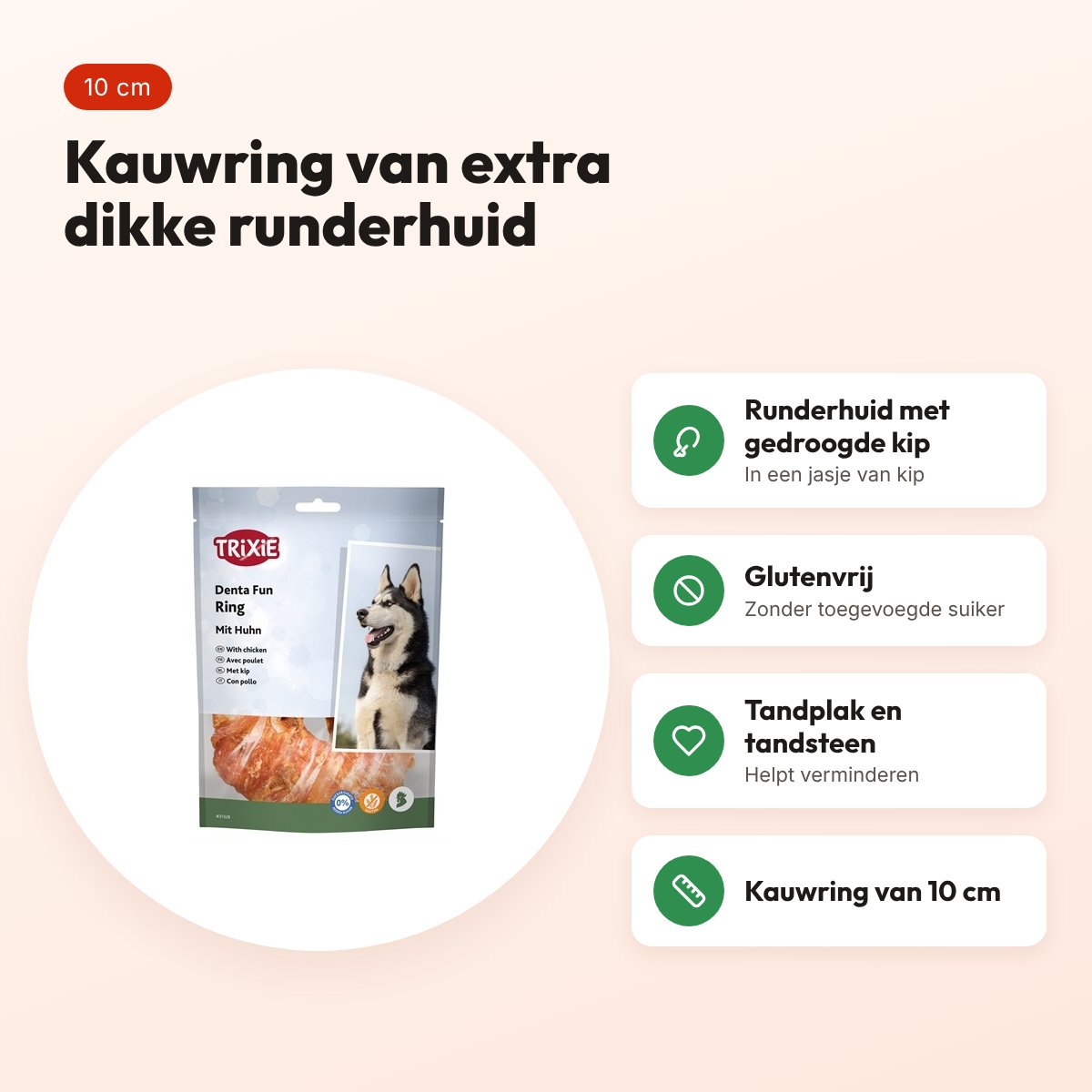 Trixie Denta Fun kauwring kip 10 cm – extra dikke runderhuid – voordelen