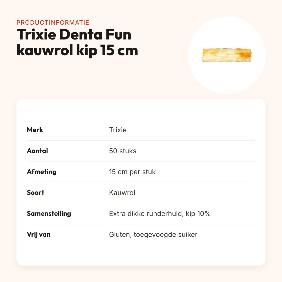 Trixie Denta Fun kauwrol kip 15 cm – runderhuid met kip, 50 stuks – productinformatie