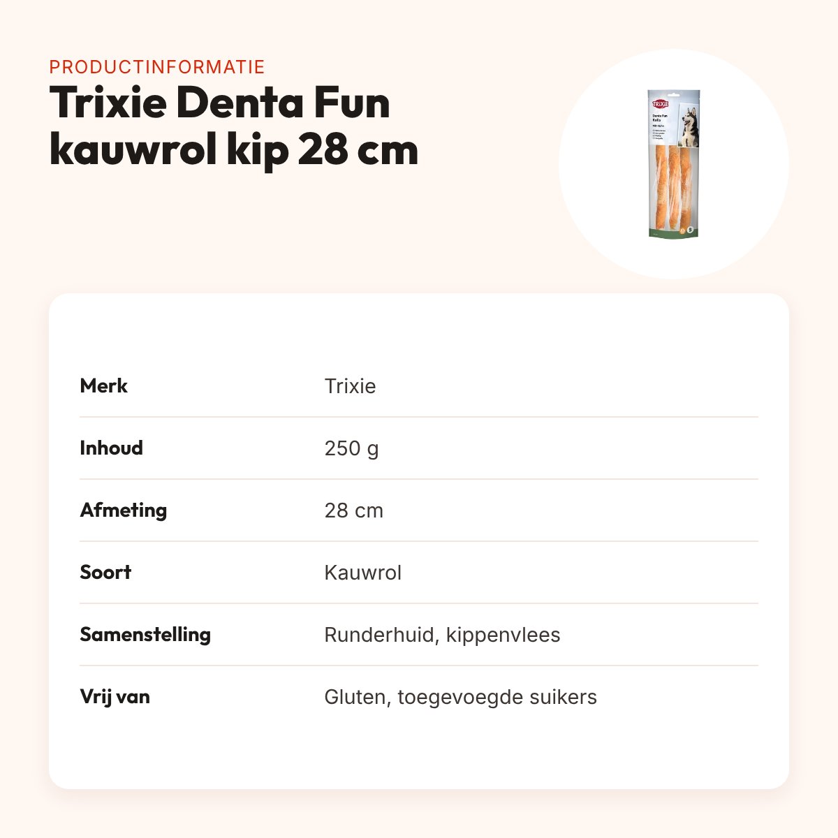 Trixie Denta Fun kauwrol kip 28 cm – runderhuid, 250 g – productinformatie
